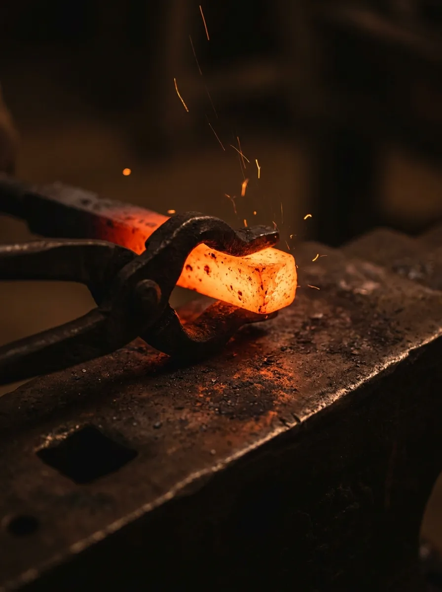 Blacksmith tongs gripping a glowing steel billet above an anvil